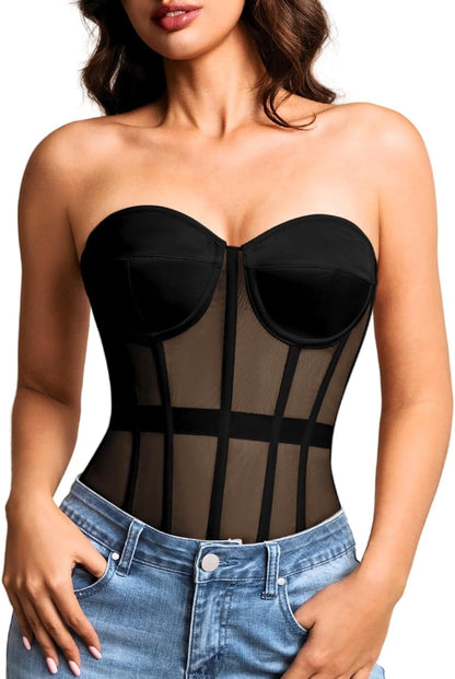 Sheer Mesh Lace Up Satin Corset Top