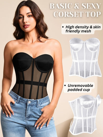 Sheer Mesh Lace Up Satin Corset Top