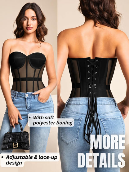 Sheer Mesh Lace Up Satin Corset Top