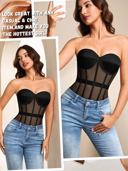 Sheer Mesh Lace Up Satin Corset Top