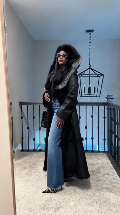 Black Faux Leather Long Hooded Coat With Faux Fur Trim