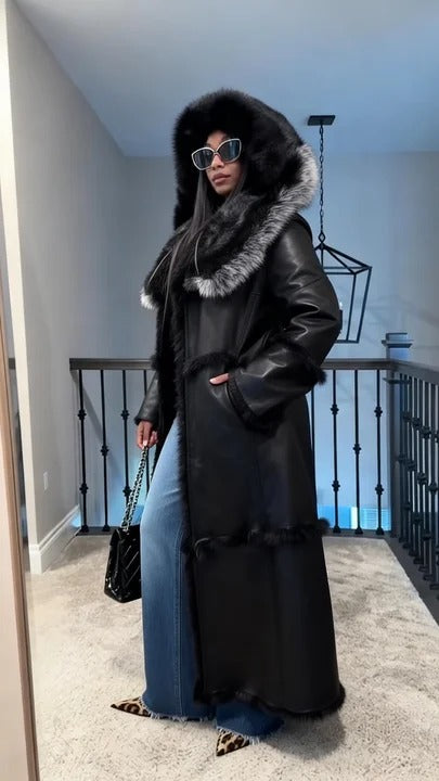 Black Faux Leather Long Hooded Coat With Faux Fur Trim
