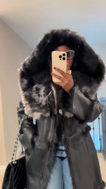 Black Faux Leather Long Hooded Coat With Faux Fur Trim