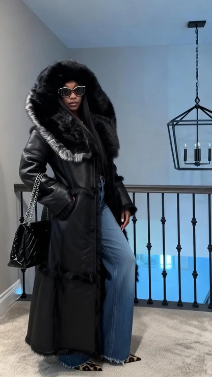 Black Faux Leather Long Hooded Coat With Faux Fur Trim