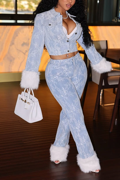 Fur-detailed Lace Denim Crop Top Set