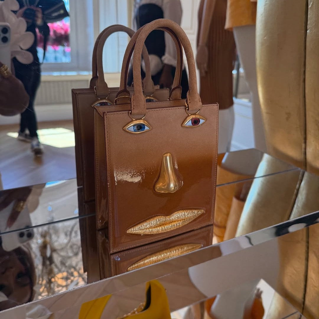 Gold Details Human Face Design Brown Handbag