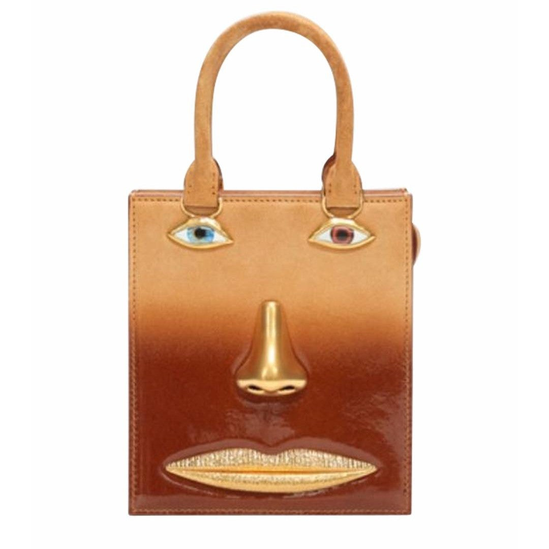 Gold Details Human Face Design Brown Handbag