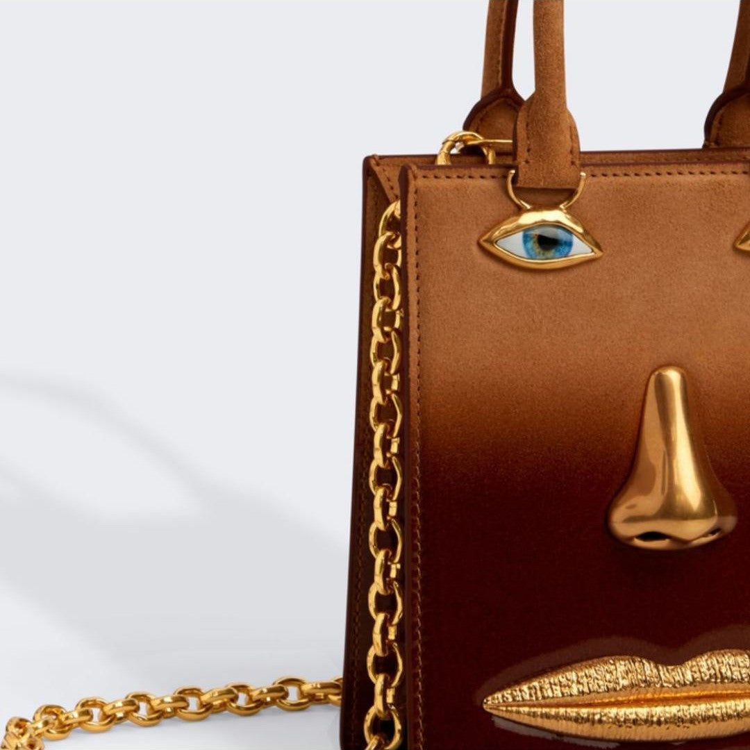 Gold Details Human Face Design Brown Handbag