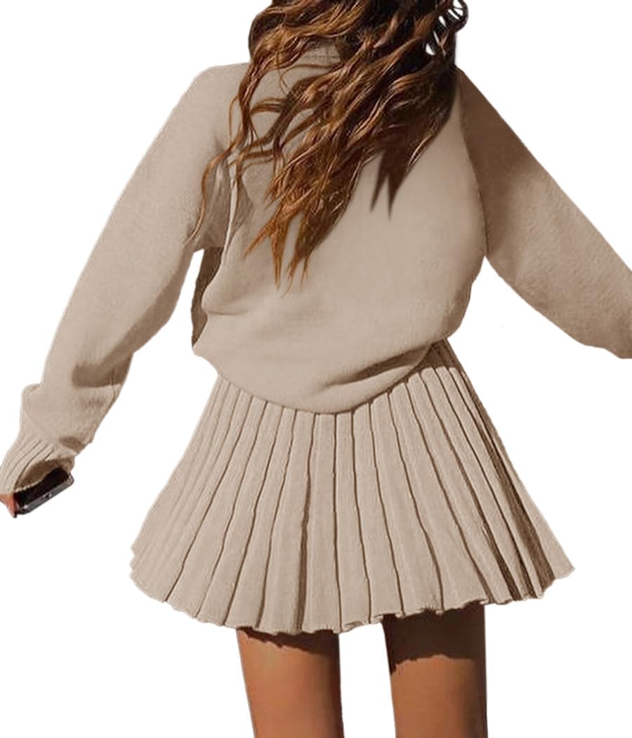 Turtleneck Oversized Sweaters and Pleated Mini Skirt Two Piece Set