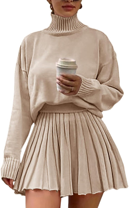 Turtleneck Oversized Sweaters and Pleated Mini Skirt Two Piece Set