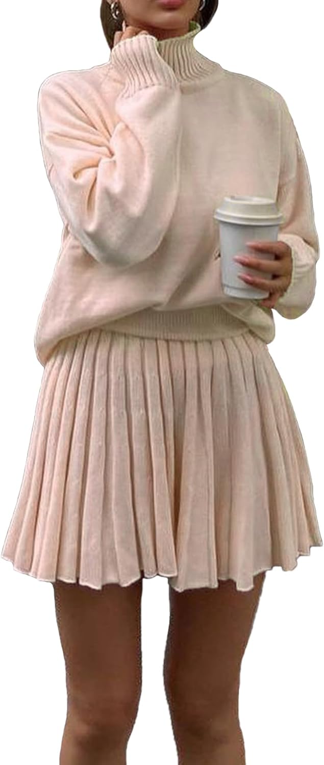 Turtleneck Oversized Sweaters and Pleated Mini Skirt Two Piece Set