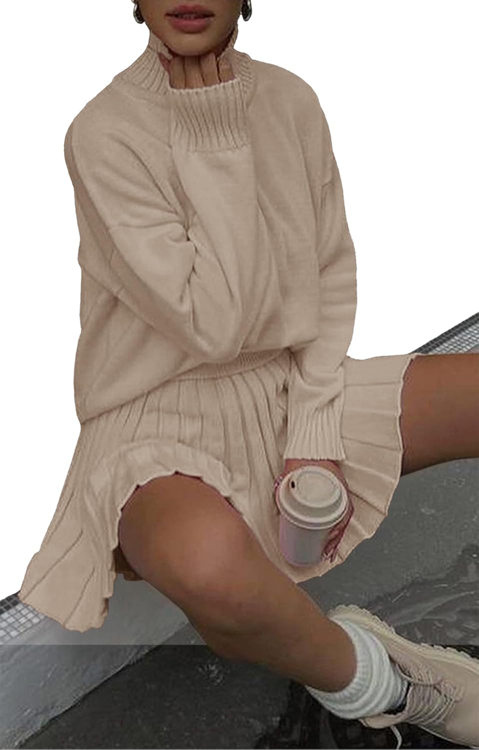 Turtleneck Oversized Sweaters and Pleated Mini Skirt Two Piece Set
