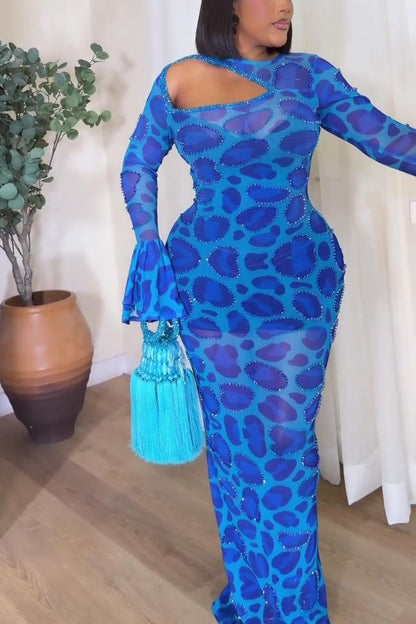 Chiffon Mesh Printed Ruffle Maxi Dress