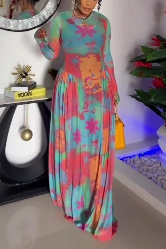 Chiffon Mesh Multi-colored Maxi Dress