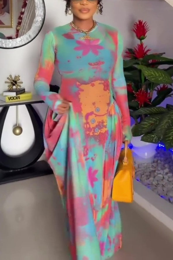 Chiffon Mesh Multi-colored Maxi Dress