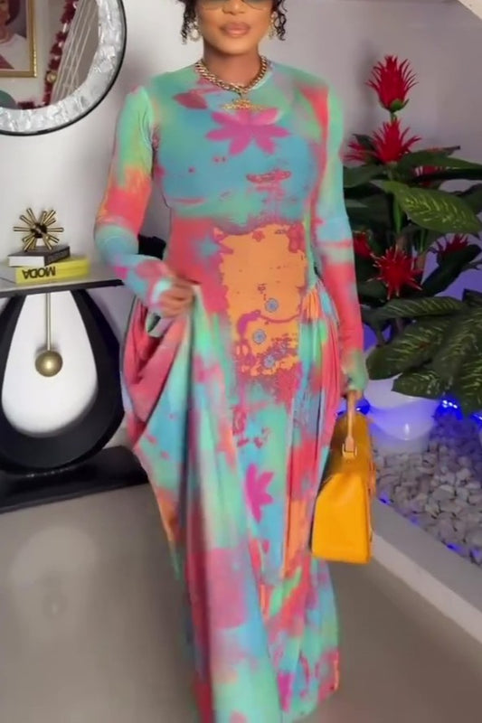 Chiffon Mesh Multi-colored Maxi Dress