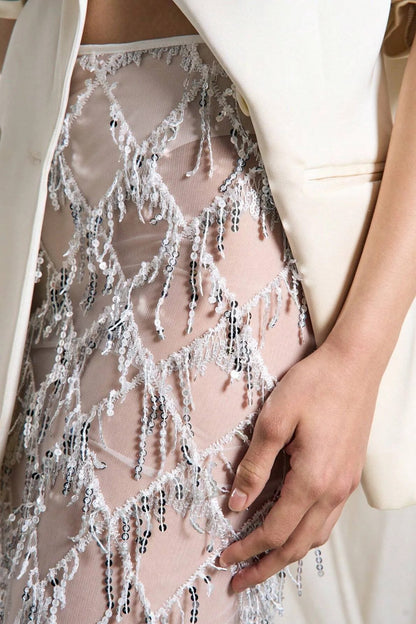 Sexy See-through Sequined Tassel Midi Skirt