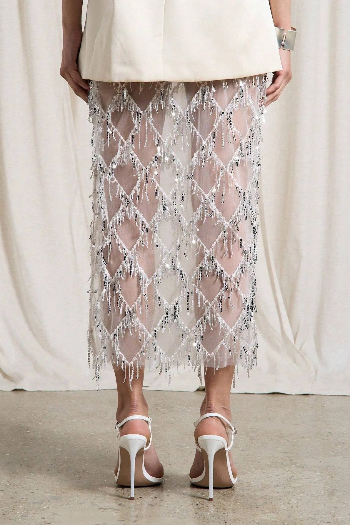 Sexy See-through Sequined Tassel Midi Skirt