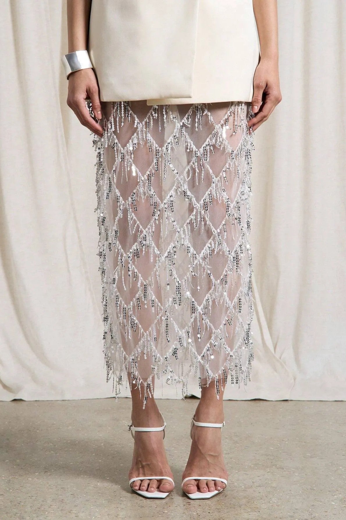 Sexy See-through Sequined Tassel Midi Skirt