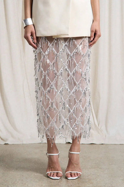Sexy See-through Sequined Tassel Midi Skirt