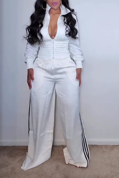 Classic Waist-cinching Top and Wide-leg Pants Set