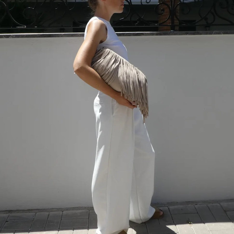 Handmade suede tasselled framed clutch