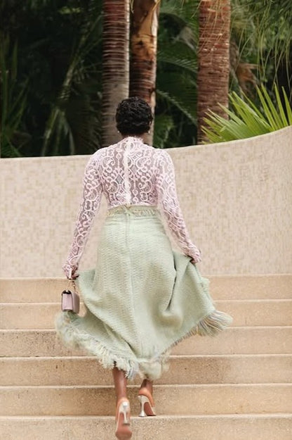 Lace-trimmed Blouse and Tweed Skirt Two-piece Set