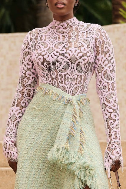 Lace-trimmed Blouse and Tweed Skirt Two-piece Set