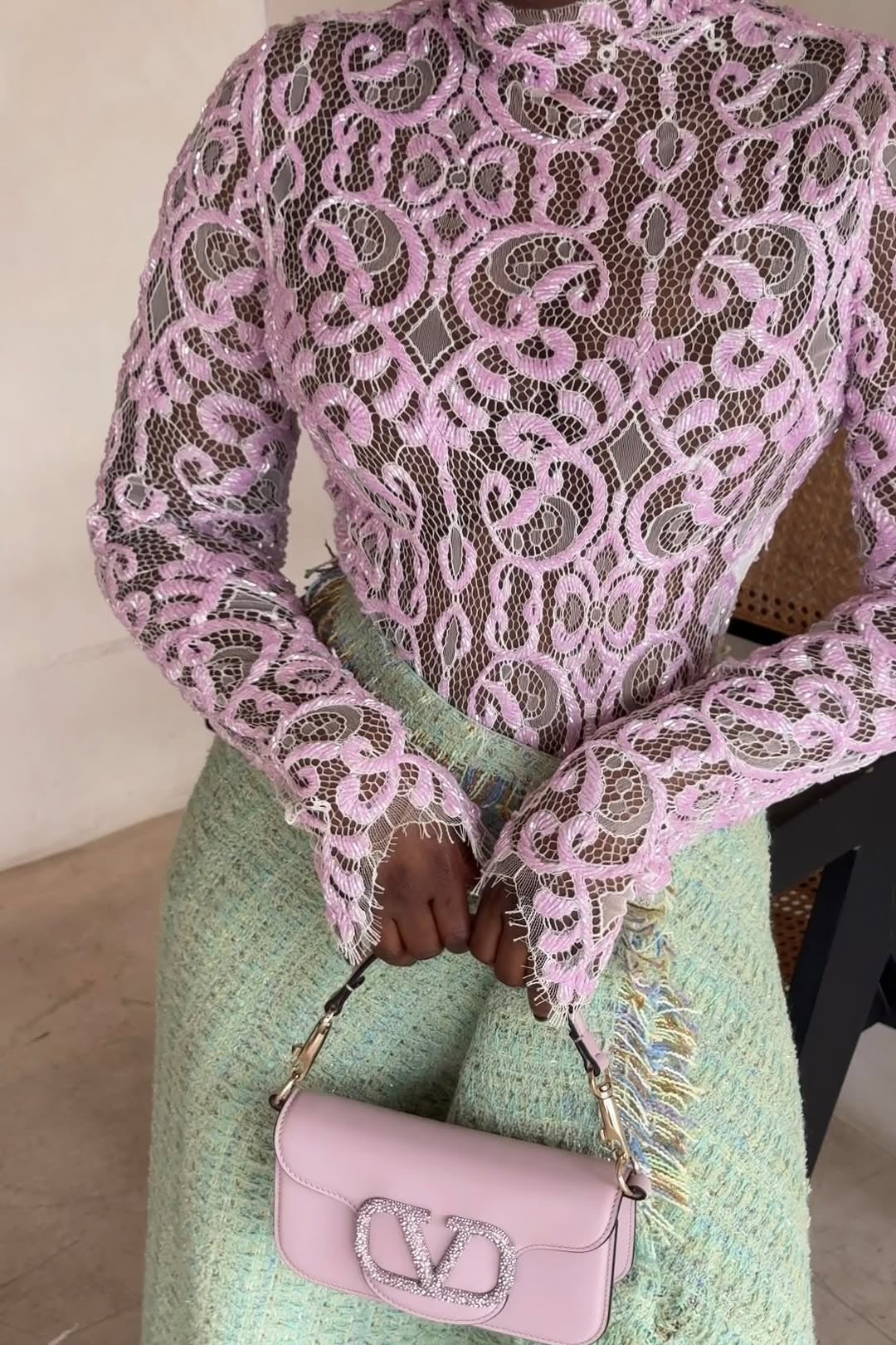 Lace-trimmed Blouse and Tweed Skirt Two-piece Set
