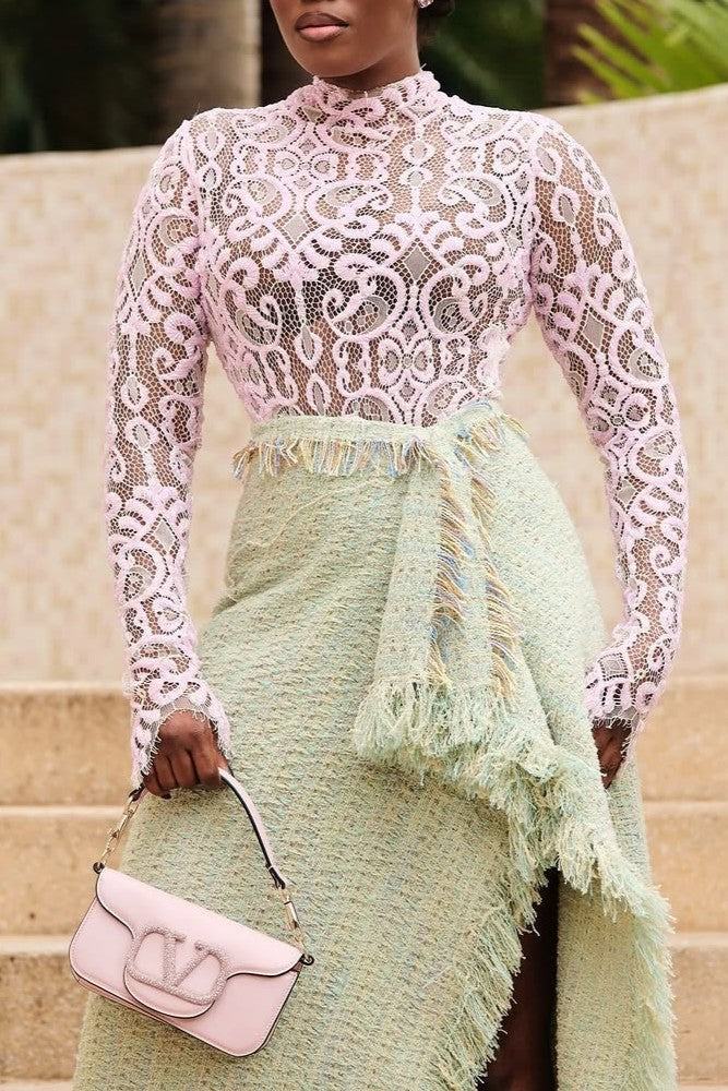 Lace-trimmed Blouse and Tweed Skirt Two-piece Set