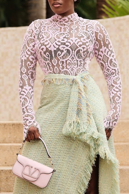 Lace-trimmed Blouse and Tweed Skirt Two-piece Set