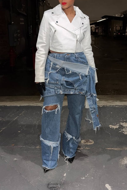 Blue Jeans with A Slanted Two-piece Design