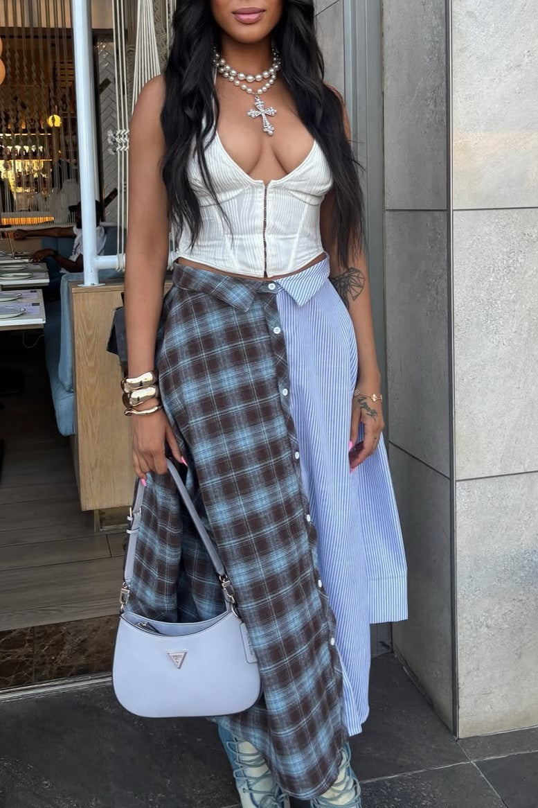 Plaid and Blue-grey Patchwork Skirt