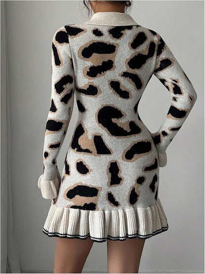 Leopard Print Sweater Ruffle Hem Mini Dress