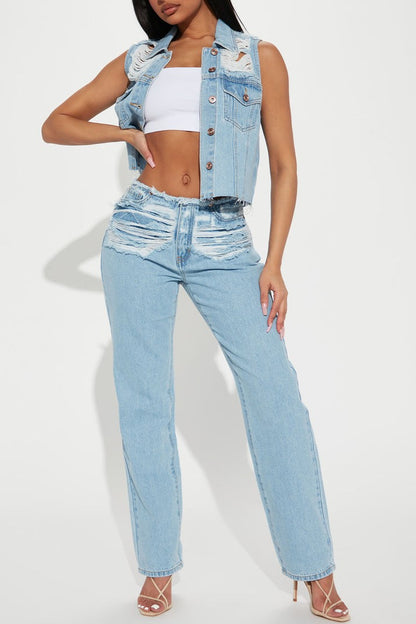 Light Blue Ripped Mid Rise Straight Leg Jeans