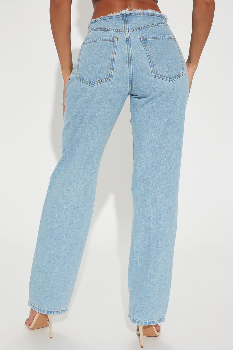 Light Blue Ripped Mid Rise Straight Leg Jeans