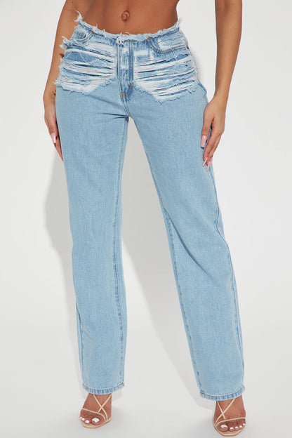 Light Blue Ripped Mid Rise Straight Leg Jeans