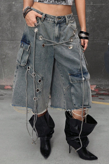 Distressed Loose Mid-Length Waist Denim Shorts