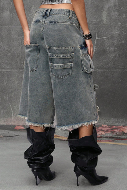 Distressed Loose Mid-Length Waist Denim Shorts