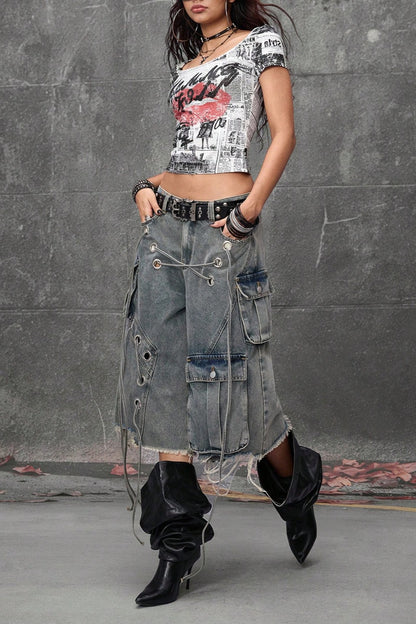 Distressed Loose Mid-Length Waist Denim Shorts