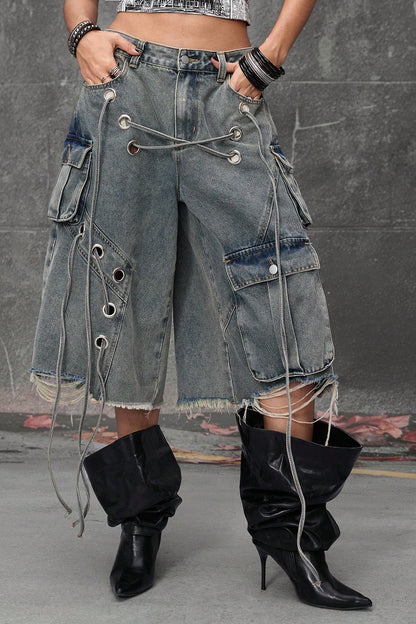 Distressed Loose Mid-Length Waist Denim Shorts