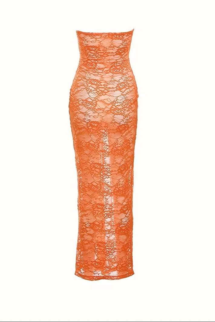 Orange See-through Lace Pattern Wrap Dress