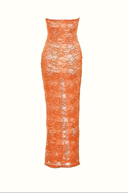 Orange See-through Lace Pattern Wrap Dress