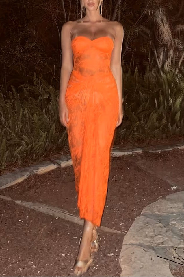 Orange See-through Lace Pattern Wrap Dress