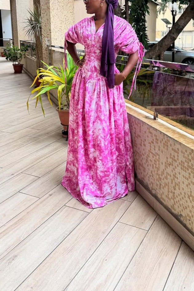 Elegant Cinched Waist Pleated Maxi Dress