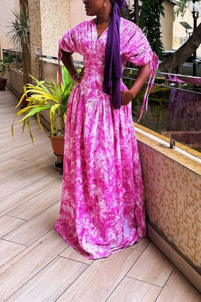 Elegant Cinched Waist Pleated Maxi Dress