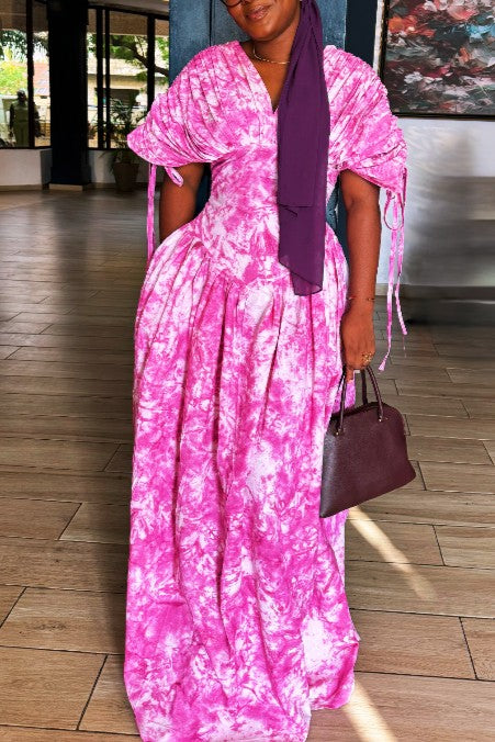 Elegant Cinched Waist Pleated Maxi Dress