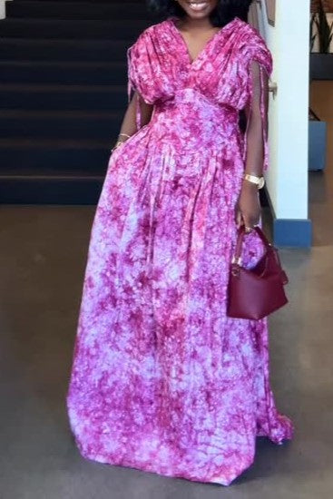 Elegant Cinched Waist Pleated Maxi Dress