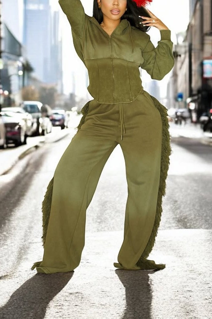 Cropped Sweatshirt and Fringed Wide-leg Pants Set
