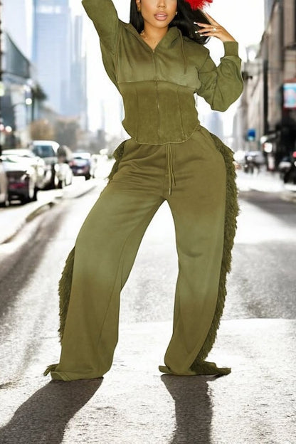 Cropped Sweatshirt and Fringed Wide-leg Pants Set